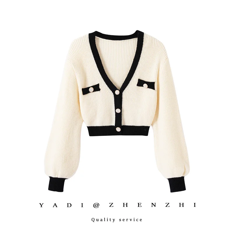

Autumn Ladies Clothes High Waist V-neck Single-breasted Lantern Sleeve Cardigan Coat Loose Identity Slimming Sweater For Women