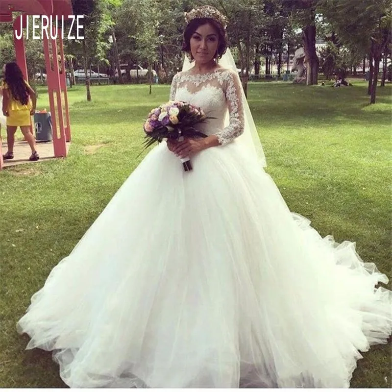 Женское кружевное свадебное платье JIERUIZE с глубоким круглым вырезом и рукавами 3/4