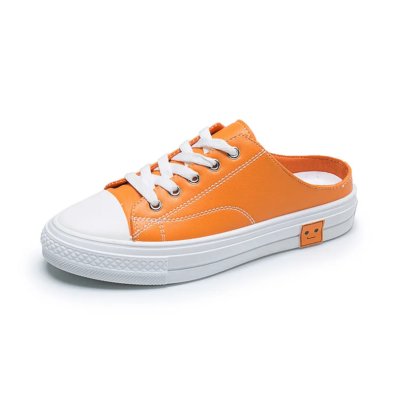 Женские парусиновые туфли белые полубосоножки на плоской подошве без застежки