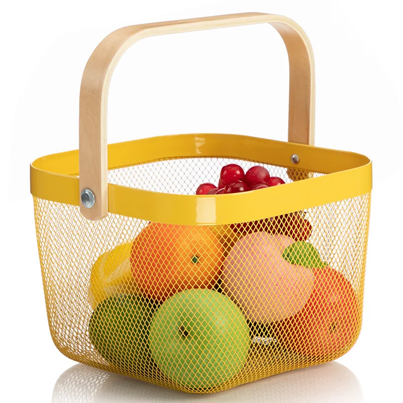 

Multi-functional Hanging Storage Organizer iron Mesh Fruit Basket Bin with Wood Handle for Cabinets Cupboards Shelves Bathroom