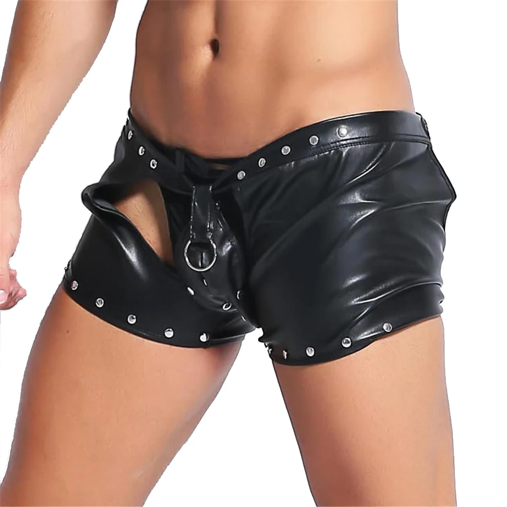 

Sexy Men Boxers Underwear Faux Leather Male Reveal Buttocks Black PU Shorts Pants Men Boxer Shorts Trunks Stage Dance Clubwear