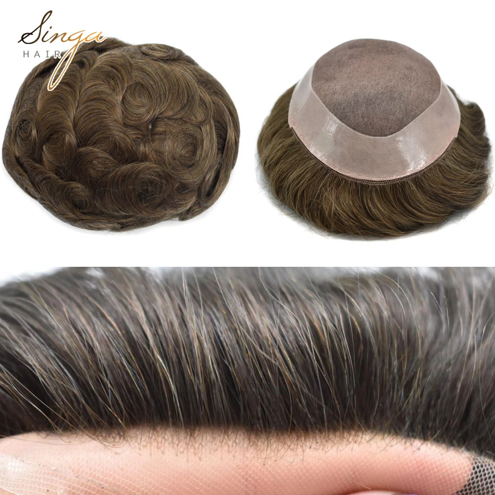 Mens Toupee Hair Piece Fine Mono Lace Center European Human Hair Replacement System For Men Easy Tape All Hand Tied  Hair Units.