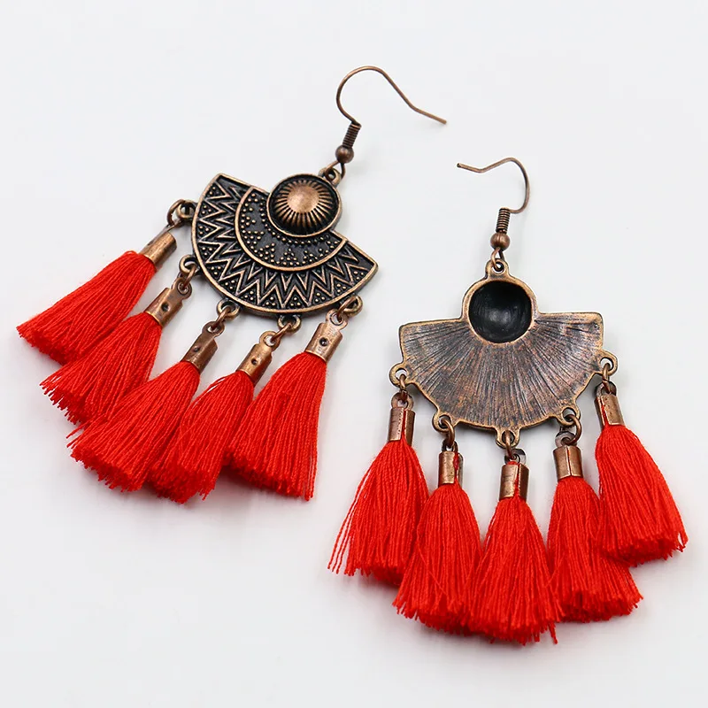 

Bohemian Ethnic Cotton Tassel Earring Antique Copper Semicircle Sector Drop Dangle Earring Trends Women Girl Jewelry