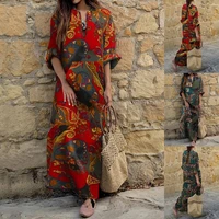 womens latest long sleeved v neck color large print cotton and linen series fashionable comfortable loose long skirt