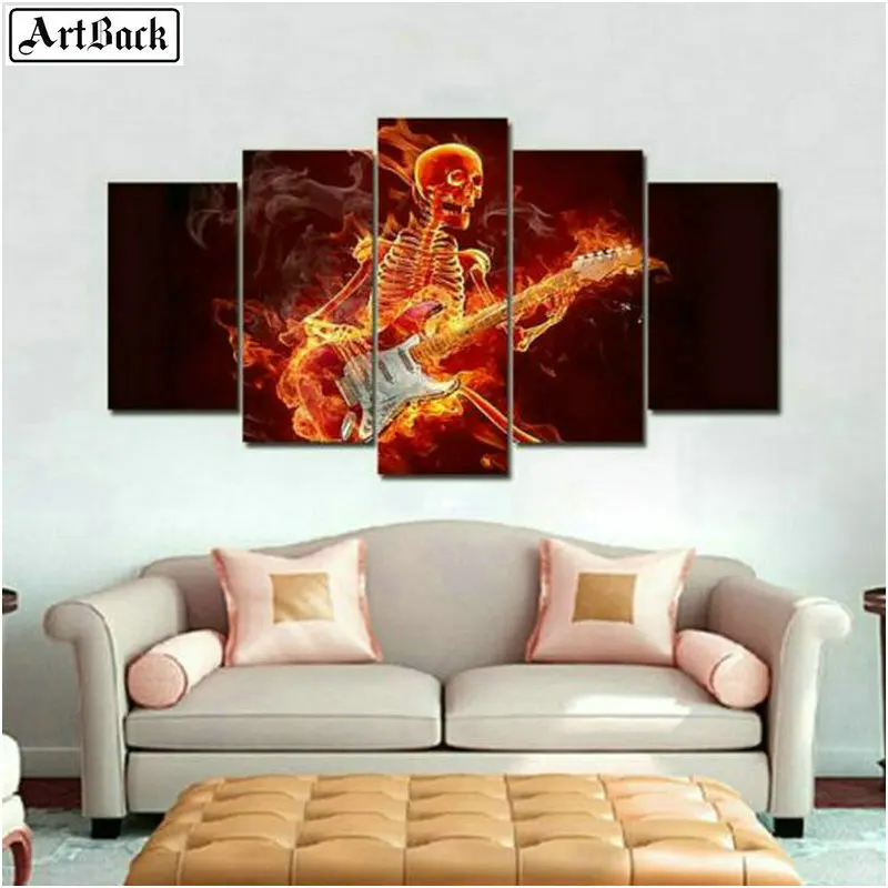 

5d full square diamond painting skull fire guitar resin diamond mosaic landscape sticker five spell decorative painting