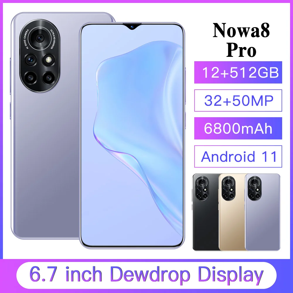 Hot 2021 Nova8 Pro 6.8 Inch 12GB 512GB 32+50MP Face Unlock Andriod 11 Smart Phone 6800mAh 11 Core Dual SIM 5G Mobile Phone Blue