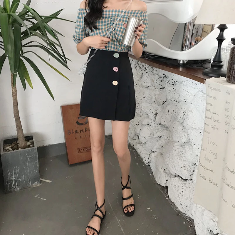 Женская юбка с высокой талией повседневная черная мини-юбка на пуговицах в