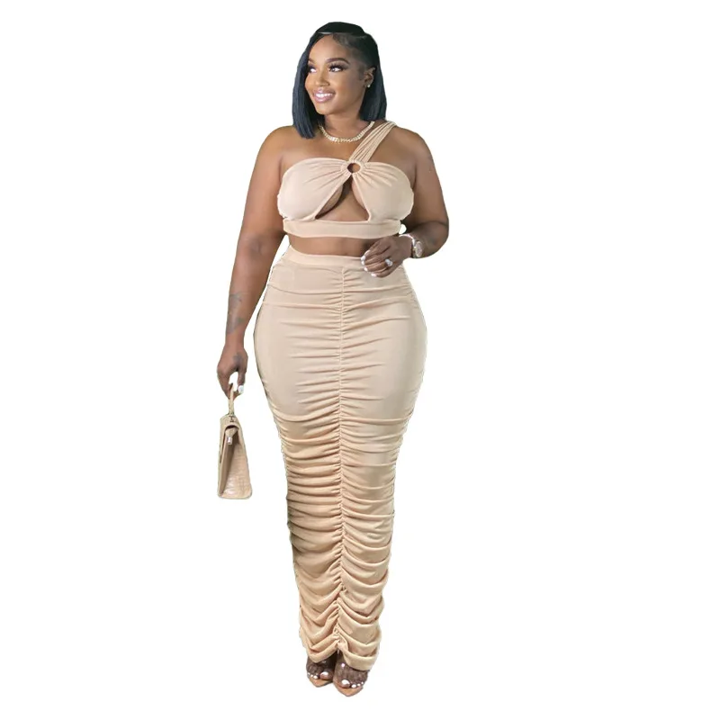 

2 Piece Set Women Clothing Crop Top And Long Skirt Two Piece Set Solid Color Pleated Chic Design Hollow Steel Ring Sexy Outfits