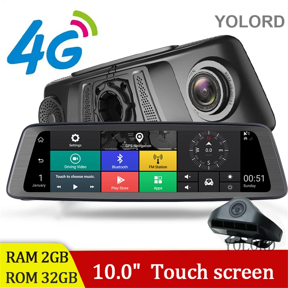 Зеркало заднего вида 4 Гб ОЗУ 2 ПЗУ 32 ГБ 10 0 дюйма Full HD сенсорный экран DVR Android GPS Bluetooth