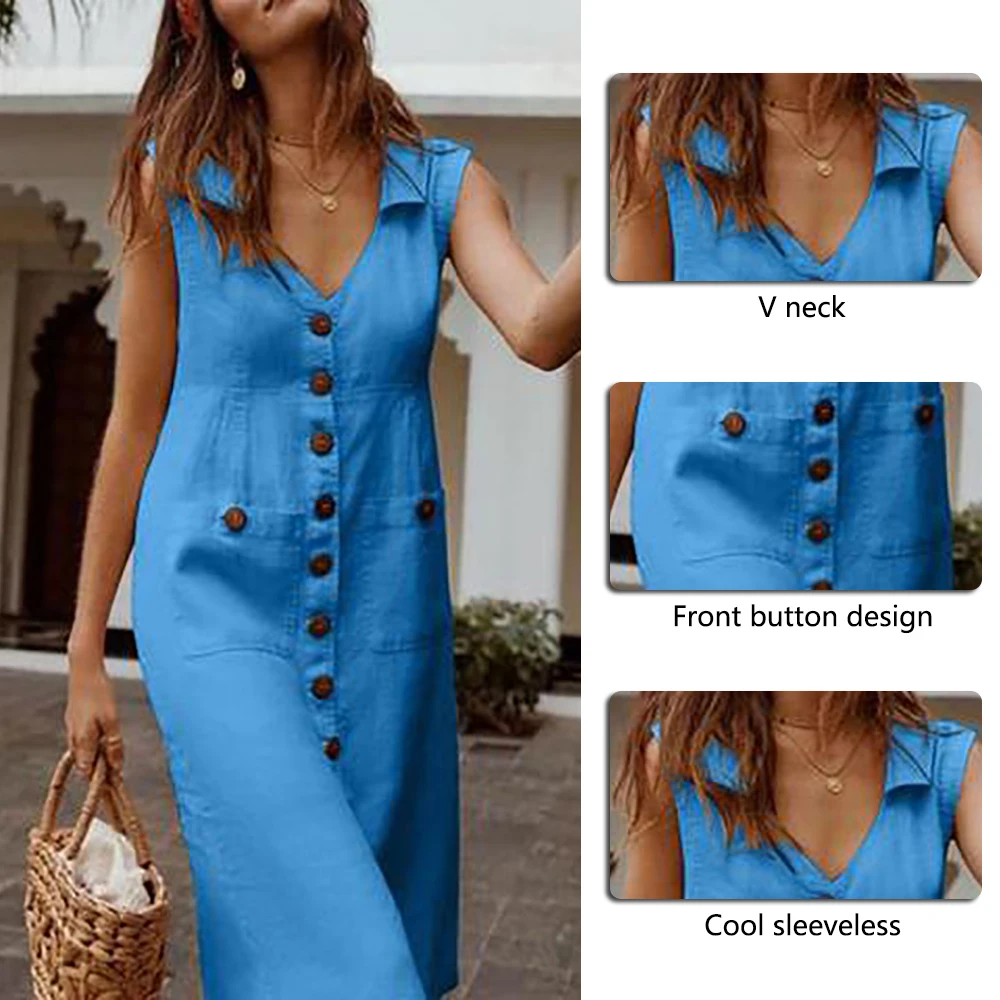 

2020 Summer Dress Boho Style V-Neck Waist Plus Size Casual Solid Color Sleeveless V Neck Pockets Midi Dress