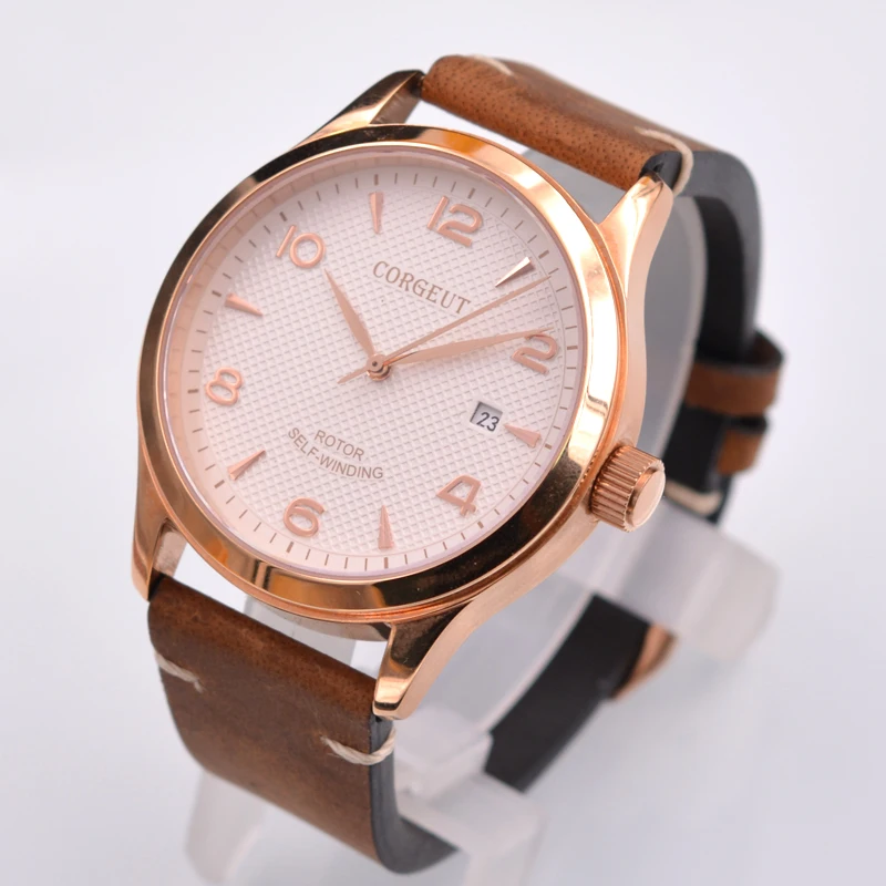 42 мм Corgeut сапфировое стекло стерильный белый циферблат Авто Дата кожаный ремешок
