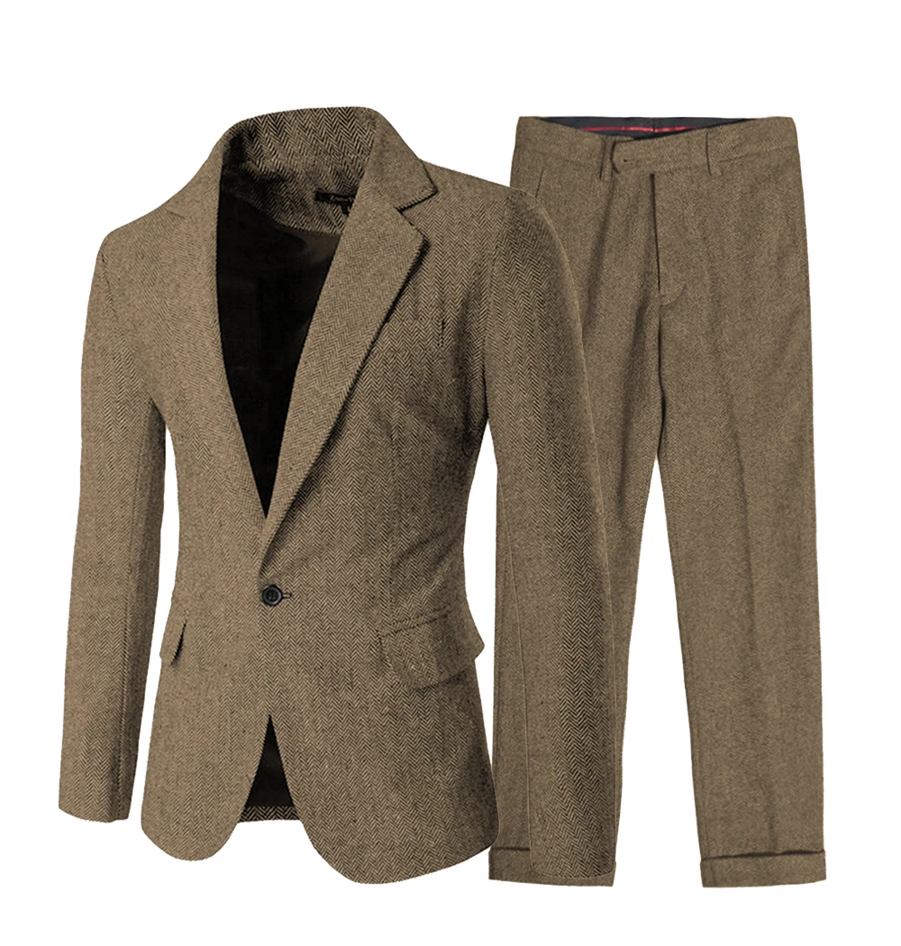 Men’s 2 pieces Silm Fit Bussines Men Suit Herringbone Woolen Cloth For Wedding Groomsmen (Blazer+Pants) Customization