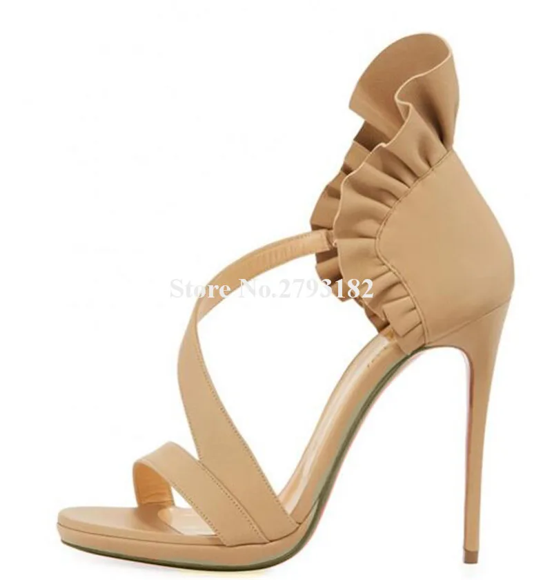 

Newest Women Open Toe Nude Leather Ruffle Stiletto Heel Gladiator Sandals Straps Cross High Heel Sandals Wedding Heels