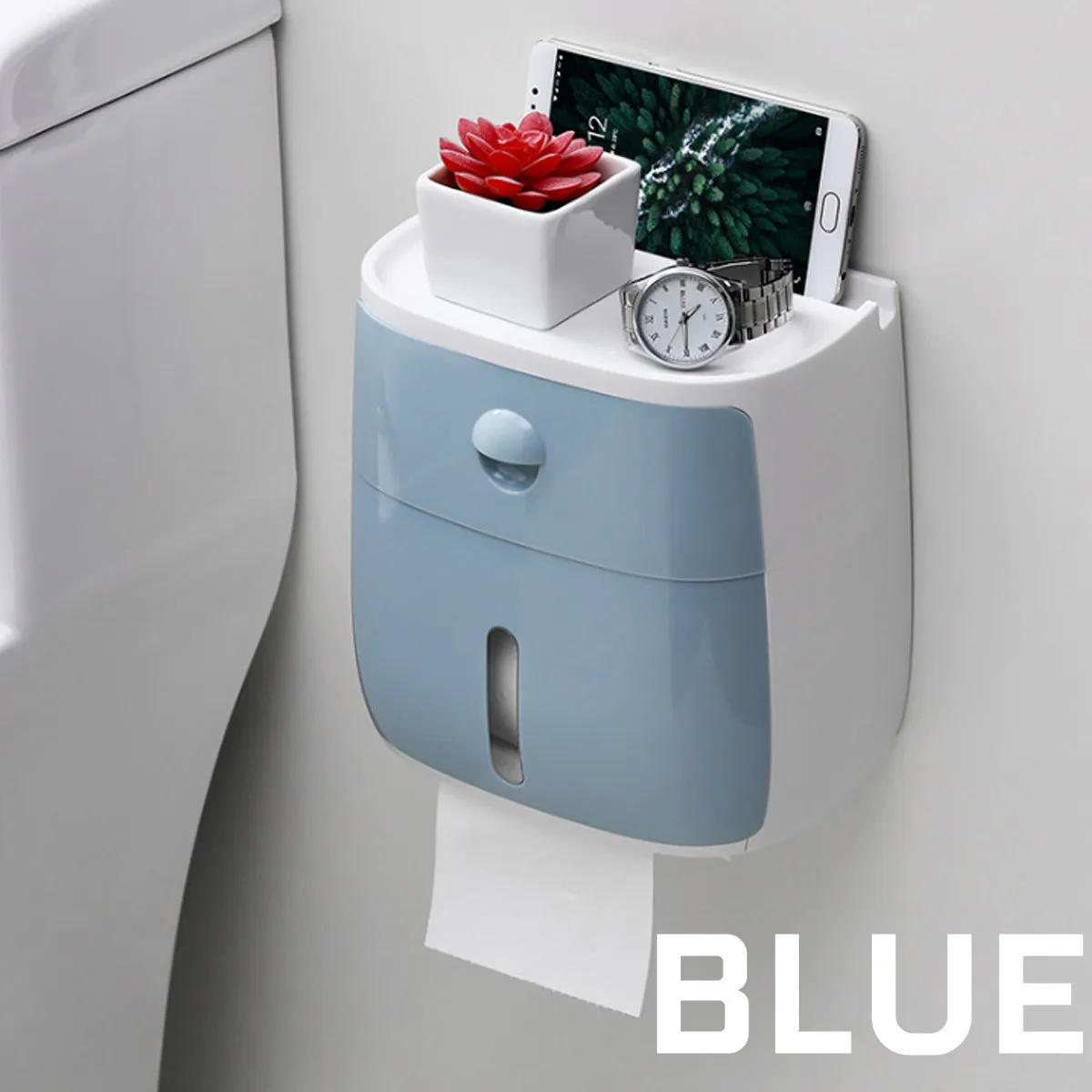 Синий Bathroom Waterproof Tissue Box Plastic Toilet Paper Holder Wall Mounted Storage Box Double Layer Napkin Dispenser Organizer - Цвет: Синий