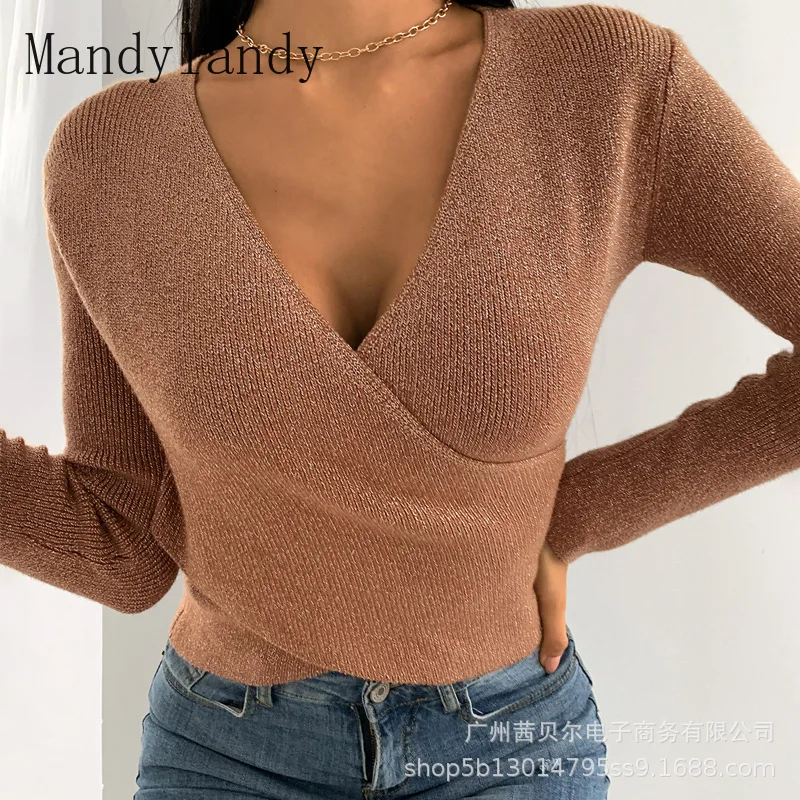 

Mandylandy T-shirt Autumn Fashion Long Sleeve Solid Color T-shirt Top Women's Casual Slim V-neck Pullover T-shirt
