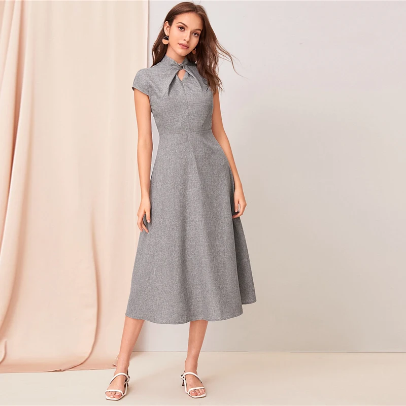 SHEIN, серое, с вырезом, с закручивающимся спереди, с коротким рукавом, расклешенное длинное платье для женщин, летнее, с воротником-стойкой, на молнии, сзади, элегантное платье трапециевидной формы