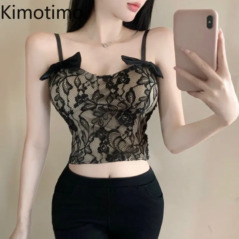 

Kimotimo Sexy Bow Lace Vest Bras Women Korean Ins Design Slim Beauty Back Crop Top Autumn Winter All-match Sketchy Hot Girl Tops