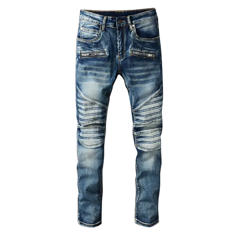 European American Street Fashion Men Jeans Retro Blue Slim Fit Spliced Designer Biker Jeans Men Hip Hop Denim Punk Pants Hombre