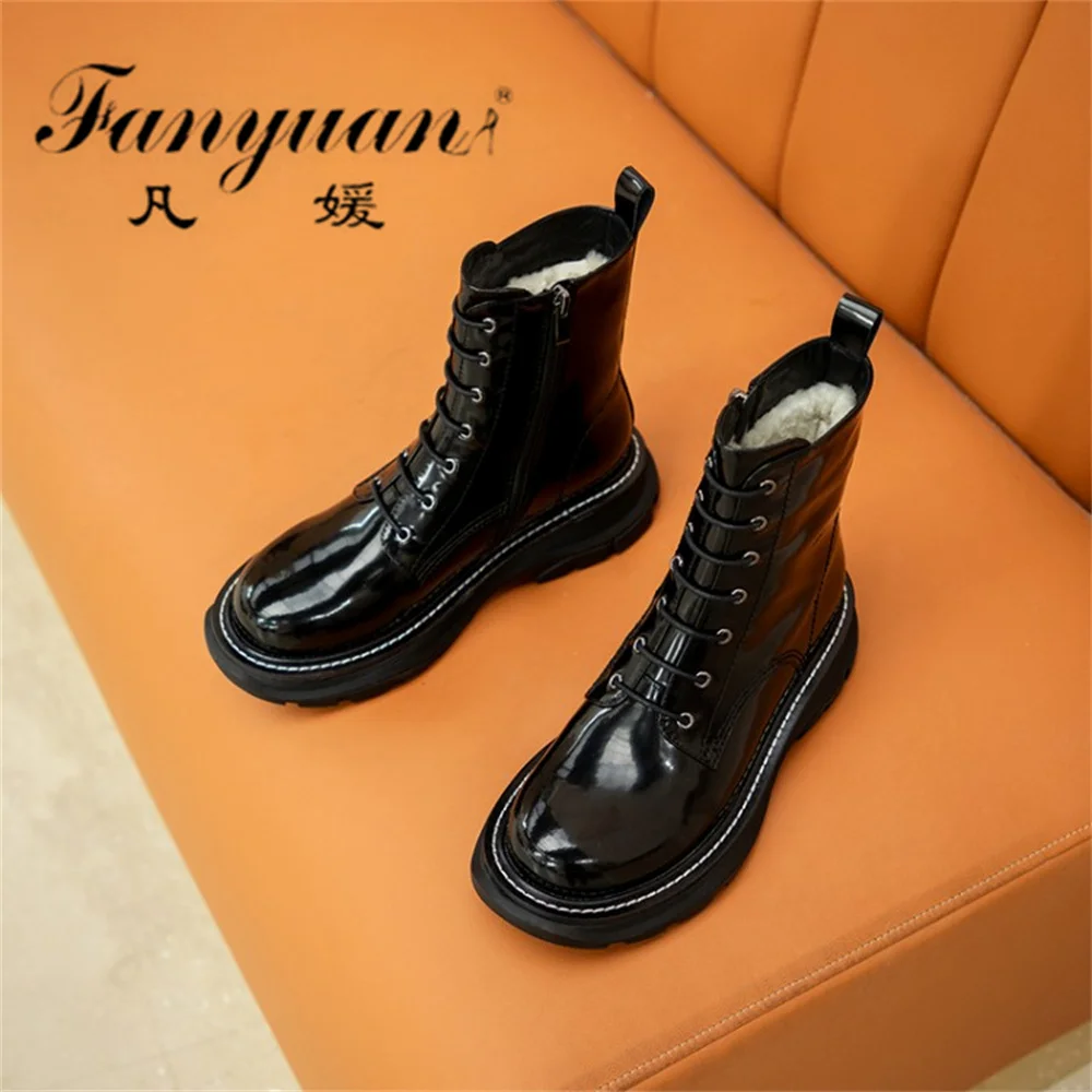Online Fanyuan Sepatu Kulit Asli Wanita Anti-selip Tetap Hangat Wol Sepatu Bot Wanita Tumit Chunky Sepatu Bot Pergelangan Kaki Hak Pesta Musim Dingin