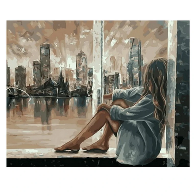 

CROSS Colorings By Numbers "Lying The Window" Drawing On Canvas HandPainted Art Portrait DIY Oil Paint By Numbers Home Decor