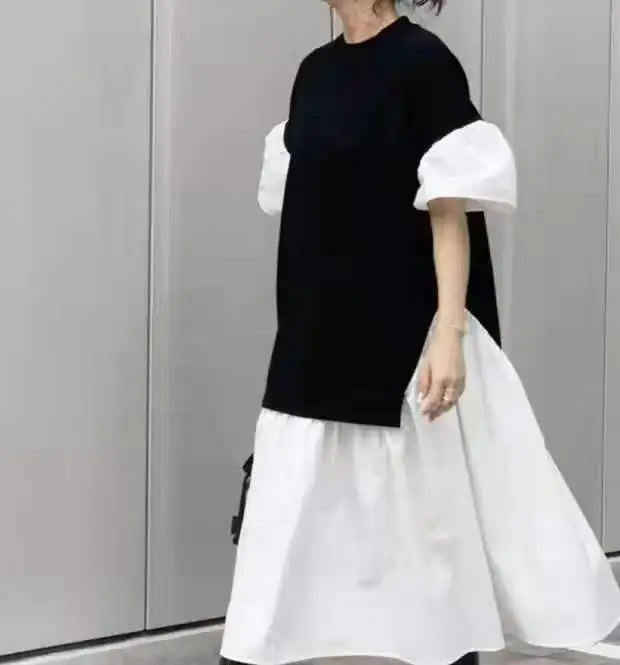 

Japan Style Patchwork Casual Women's Long Dress O-neck Black And White Ankle Length Dresses Female Minimalist Dress Lady