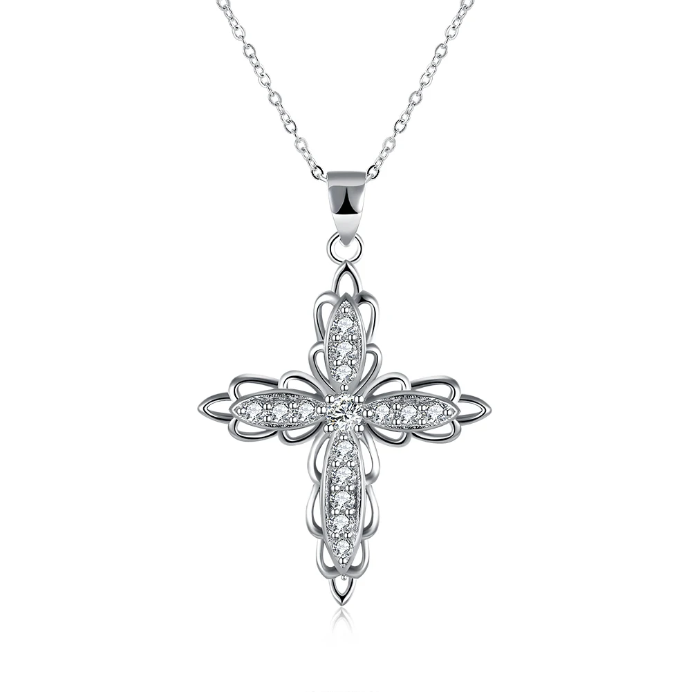

ZEMIOR 925 Sterling Silver Pendant Necklace Romantic Diamond-Encrusted Flower Shaped Cross Fashion Believer Necklace Fine 2021