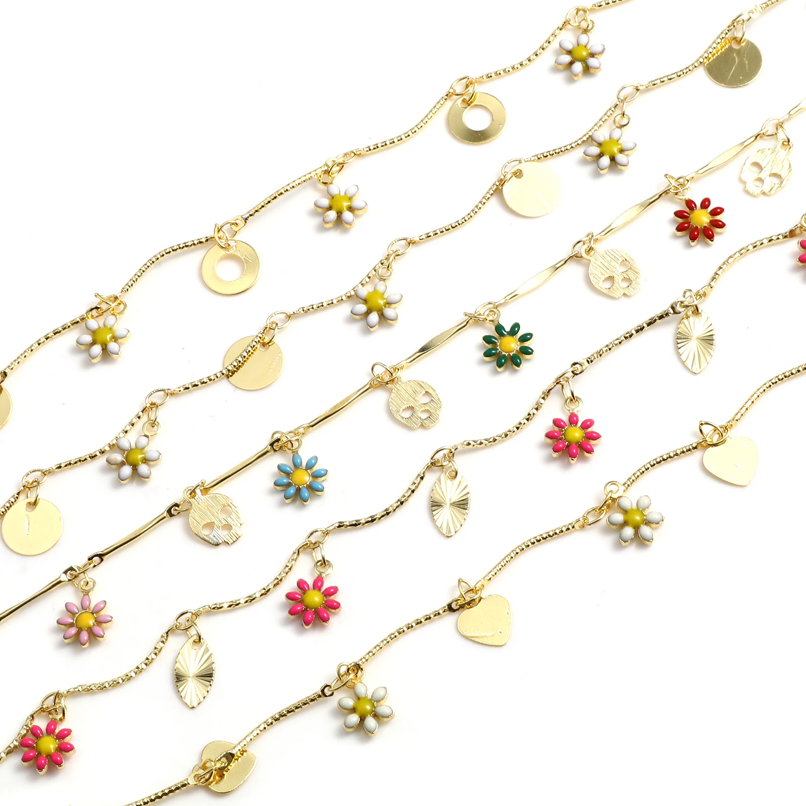 

13mm Copper Enamel Link Chain Findings Gold Color Metal Multicolor Flower Charms Chains DIY Making Bracelets Jewelry Gifts,1M