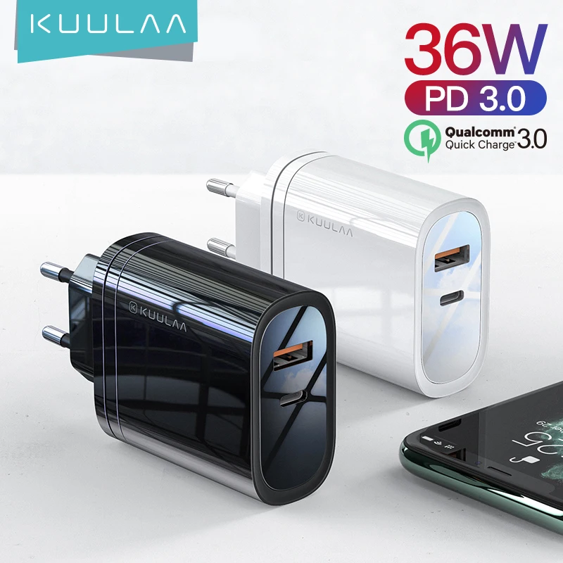 Сетевое зарядное устройство KUULAA USB Type C 36 Вт QC 4.0 PD 3.0 вилка EU US UK черная белая