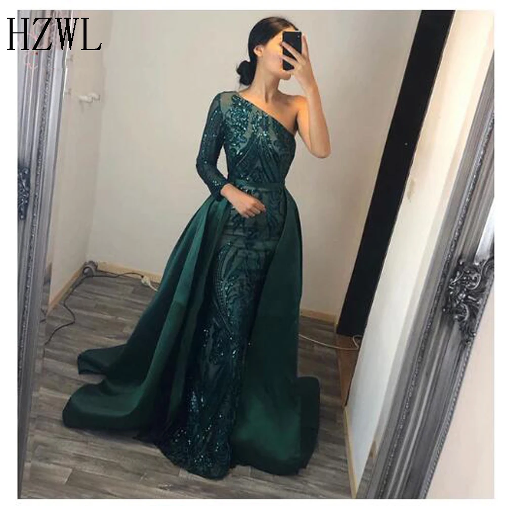 

Женское вечернее платье с длинным рукавом, элегантное мусульманское платье русалки со съемным шлейфом и блестками, платье на одно плечо для...