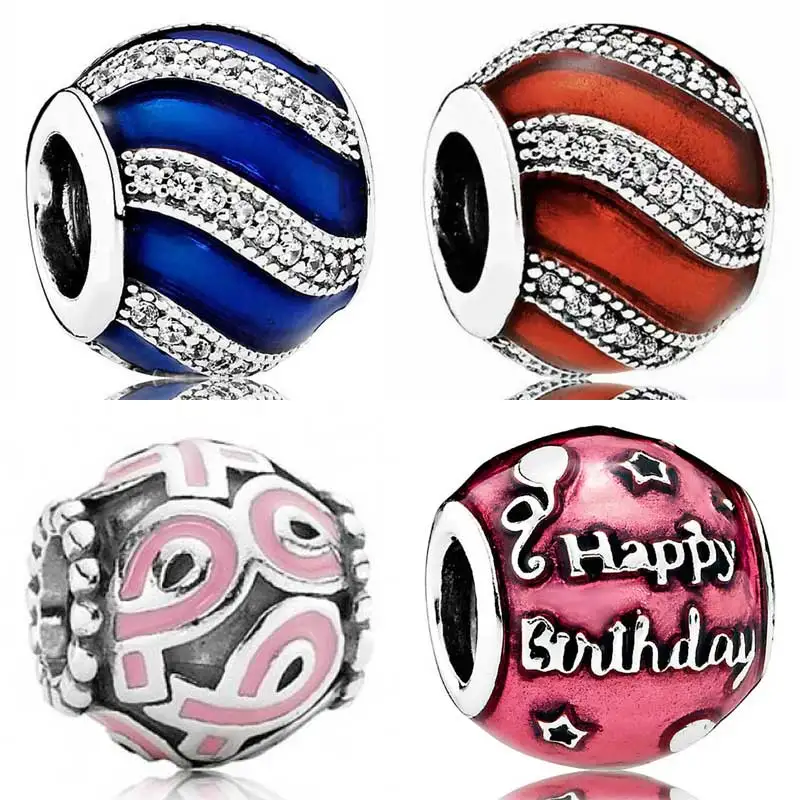 

Original 925 Sterling Silver Bead Red Enamel Ball Happy Birthday Celebration Pink Bow Charm Fit Popular Bracelet DIY Jewelry