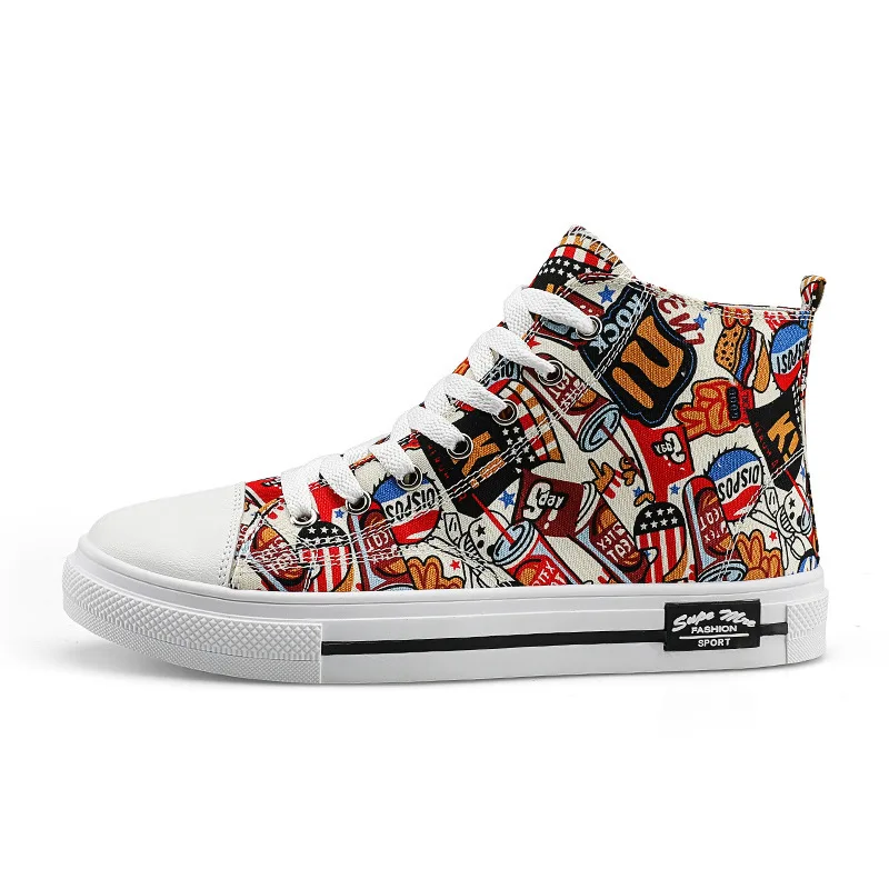 

2021 Men Causal Canvas Shoes Lace-Up Soft Lightweight Comfortable Graffiti Trendy Shoes Bottom High Top Flats Large Size 44