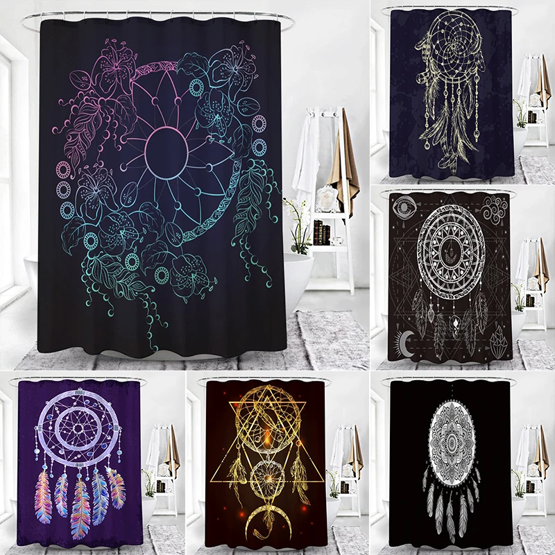 

Black Dreamcatcher Shower Curtain With Hooks Fabric Waterproof Japanese Multi-size Boho Bath Curtains Screen Home Decoration