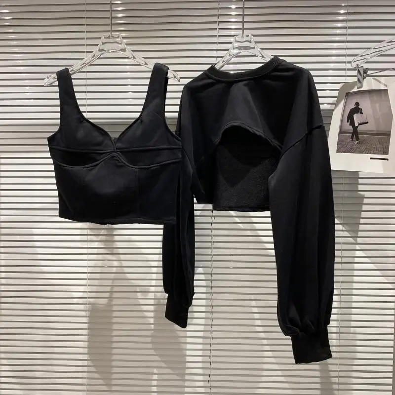 

2021 Spring New 3 Piece Sets Sportswear Long Sleeve Hoodies Tube Top Vest Wide Leg Pants Sports Yoga Three-Piece Suit Tracksuit