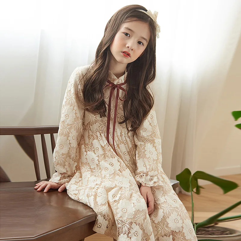 

Korea sweet style high quality lace long sleeve princess fall winter girl kids dress