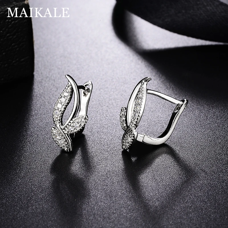 MAIKALE, классические серьги-гвоздики в форме листа, покрытые золотом и серебром, AAA кубический цирконий, простые корейские серьги для женщин