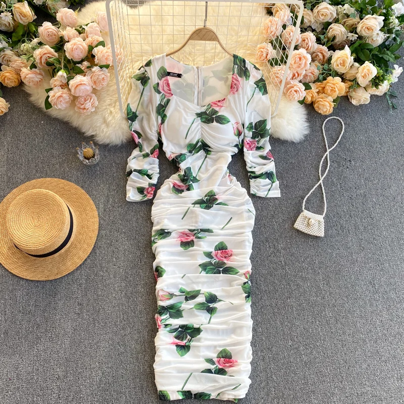 

Women New Fashion Sexy Vintage Rose Print Square Neck Pleated Package Hip Dress Elegant Vestidos De Mujer