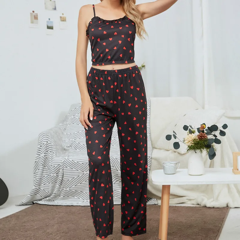 Ladies Polka Dot Printed Pajamas Knitted Sleeveless Sleepwear Round Neck Long Pants Two-piece Homewear Comfortable Casual Set