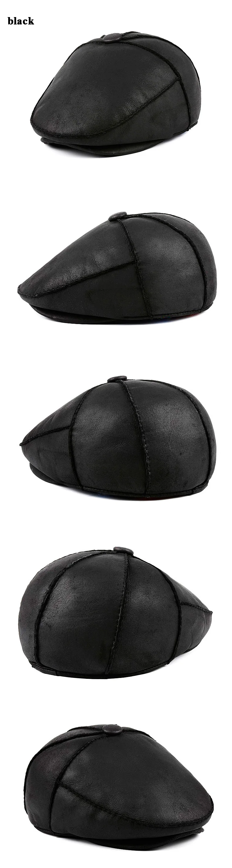 Winter Men Korean Thicken Hand-stitched Fur One Warm Forward Beret Male Genuine Leather Wool Hats Fitted black/Grey Tab Boina