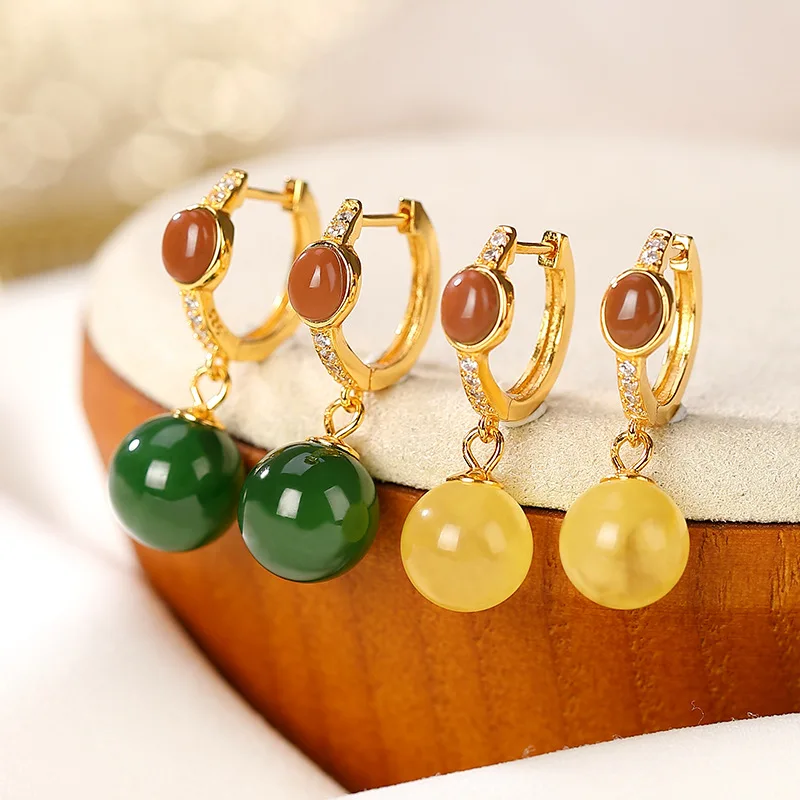 

S925 sterling silver gold-plated natural Hotan jade jasper beeswax amber earrings light luxury ladies earrings