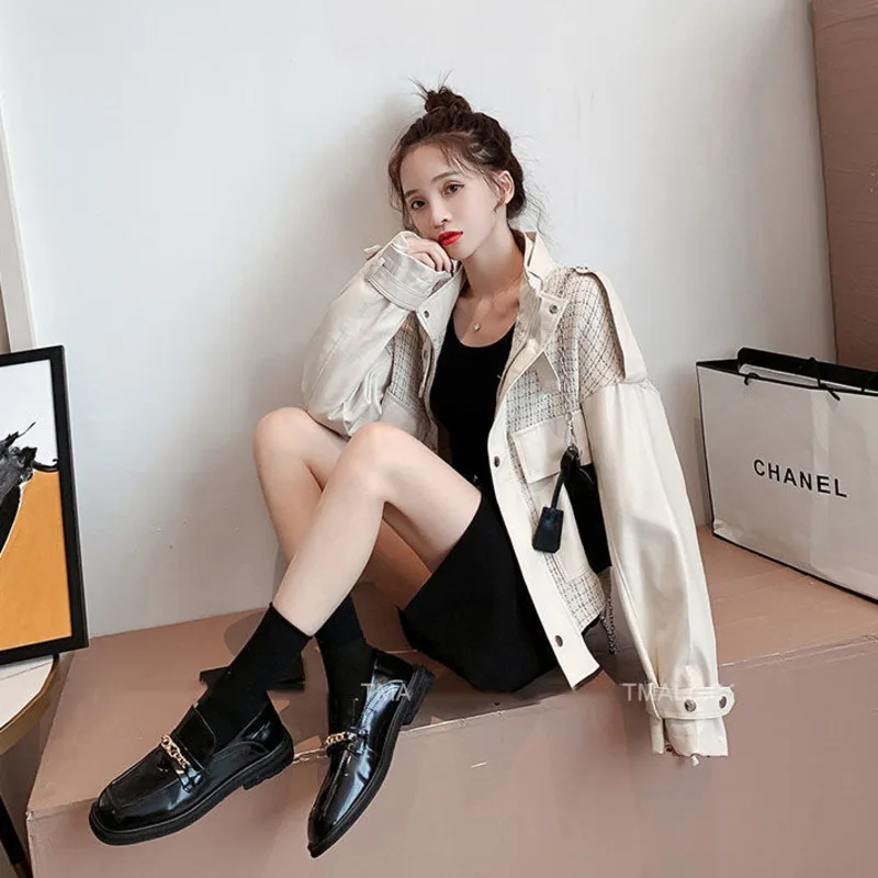 

Autumn Tweed Spliced PU Leather Jacket Women Loose Black Streetwear Vintage Fashion Outwear Female Celebrity Harajuku Short Coat