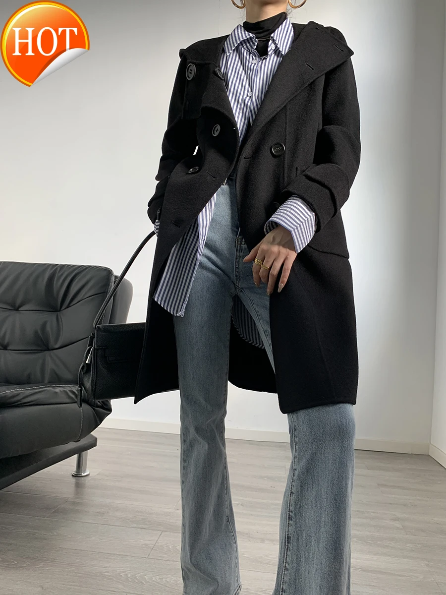 

Высокая-конец двухсторонняя кашемировое пальто для женщин в Корейском стиле; Сезон весна-осень двубортное пальто с капюшоном средней длины...