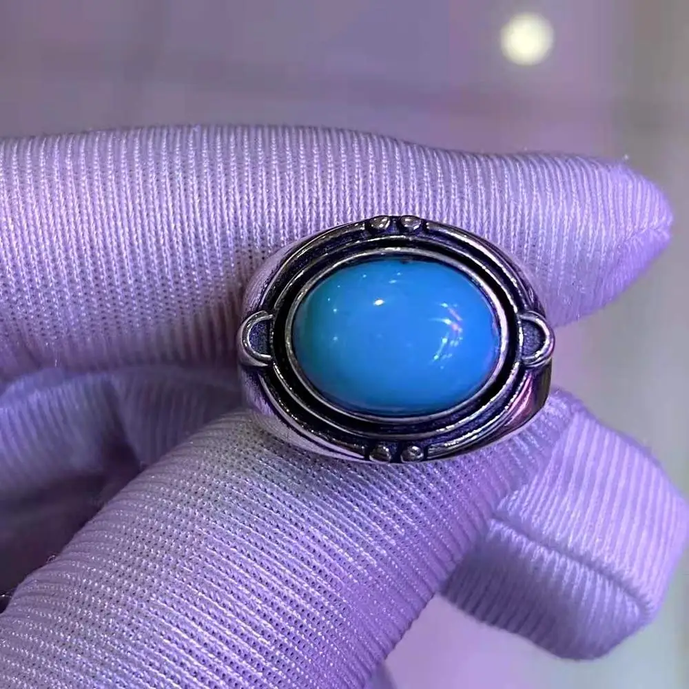 1Pcs/Lot  Hubei Qin ancient turquoise men's ring real natural ore turquoise hand polished s925 sterling silver ring double arm