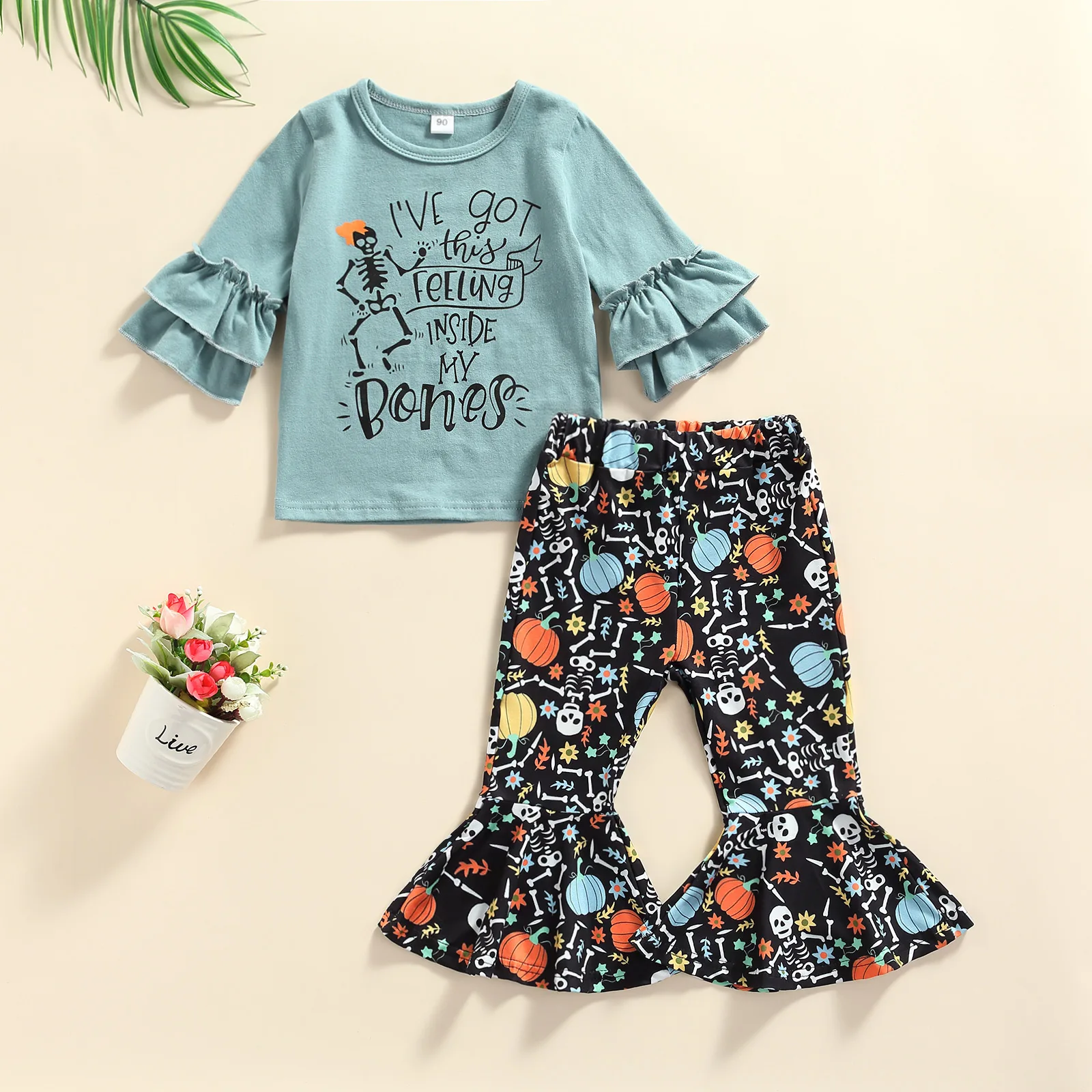 

Autumn 2Pcs Baby Girls T-shirt Pants Clothing Sets Toddlers Kids Letter Long Sleeve Tops Pullovers Skeleton Print Trumpet Pants