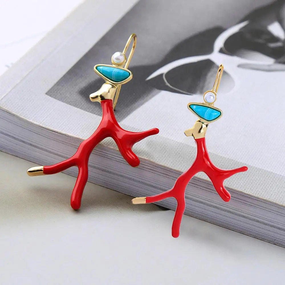Красная Эмаль коралловые рога ветка акриловая смола Висячие серьги девушки Мода