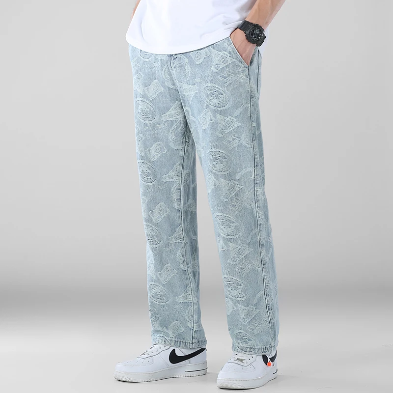 

Plus Size Light Bule Print Harajuku Loose Straight Jeans 5XL man Vintage Loose Long Trousers male Street Denim Pants