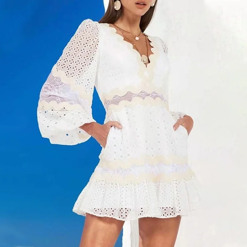 

Elegant Temperament Lace Hook Flower Hollow Flare Sleeve Dresses Women 2021 New Fashion Woman Dress Solid High Waist Vestidos