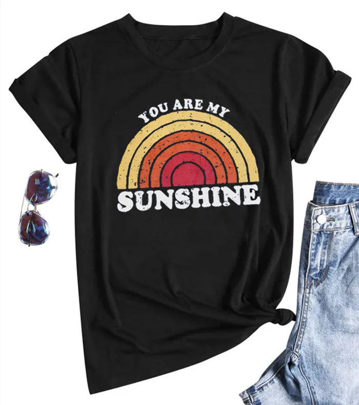 

Women You Are My Sunshine Rainbow Letters Black Top Hipster Short Sleeve Summer Casual Floral Funny Tee Ladies T-Shirt