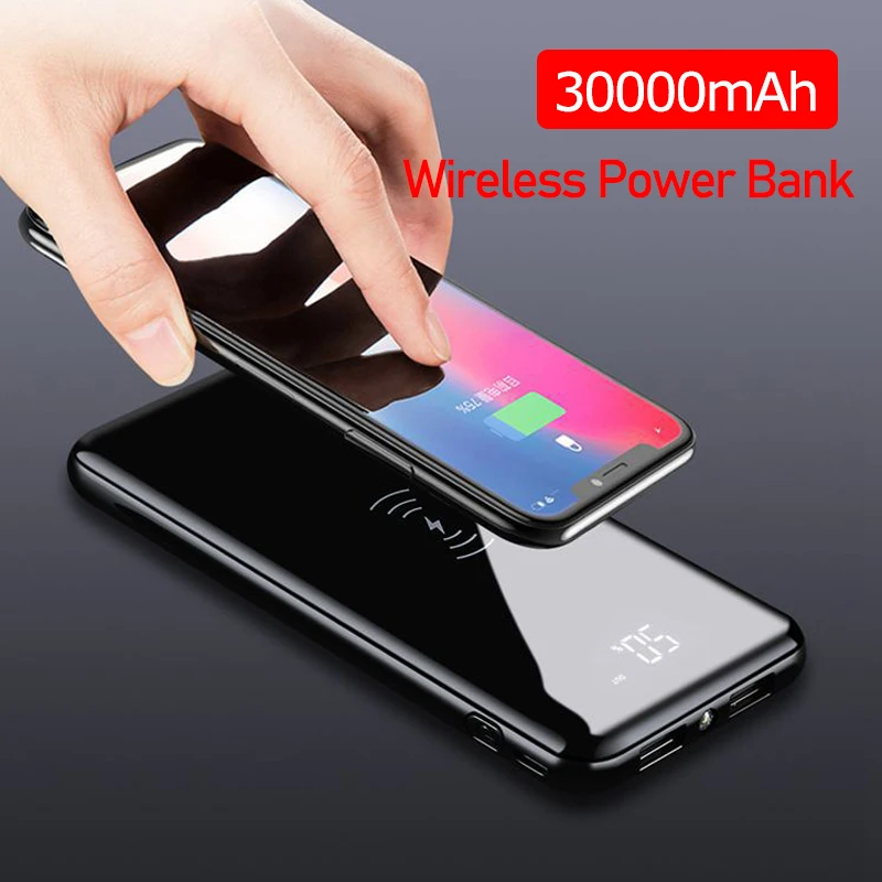 QI Беспроводное зарядное устройство 30000 мАч для iPhone 11 XS Max Samsung Power Bank Dual USB