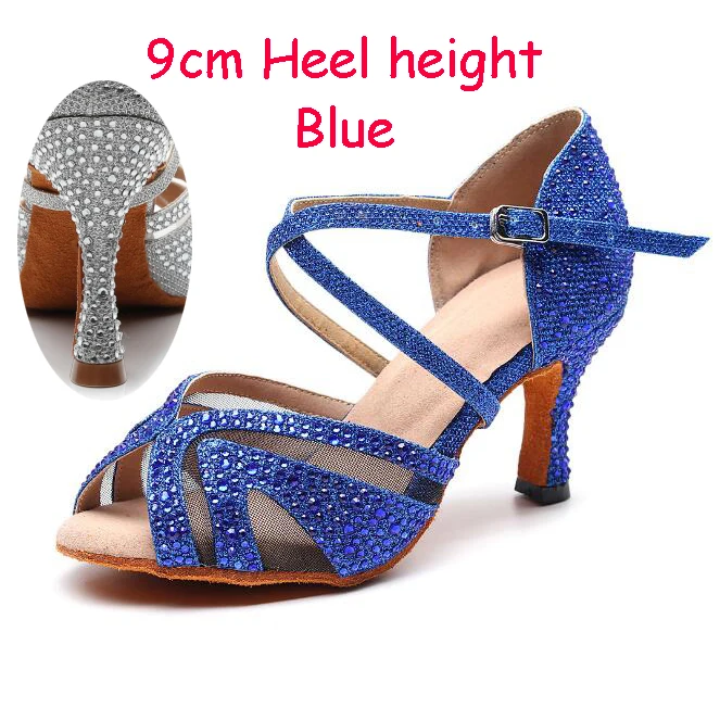 Blue 9cm Heel Женская обувь для латинских танцев; стразы; блестящая обувь для сальсы; Бальные сандалии; обувь для танцев; обувь на высоком каблуке 9 см; Цвет серебристый, белый - Цвет: Blue 9cm Heel