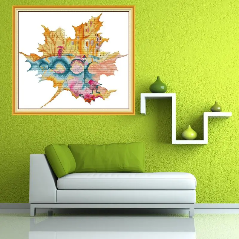 Новый город в кленовый лист ручной работы Рукоделие Счетный 14CT печать вышивки